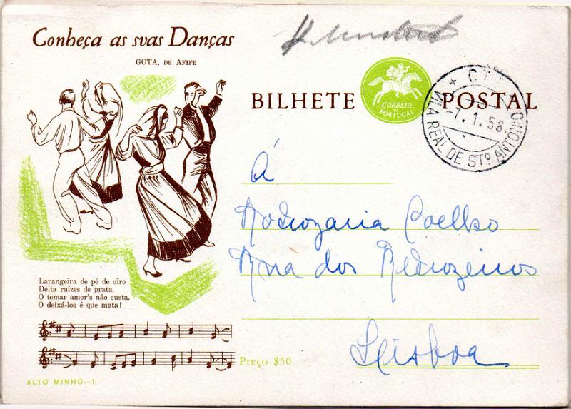 2163.jpg -     Lote:    2163      Lotes pelo Correio              Descrição:         1957/58 &mdash; Série "Conheça as suas Danças. Emblema dos CTT. Lote com 8 inteiros postais OM140 (n.ºs 1/6 e 8/9), mais dois inteiros e dois postais ilustrados com furos de arquivo. Todos circulados. Lote a ver.         IC       Valor Base:     &euro; 8,00     Valor Venda:     &euro;      