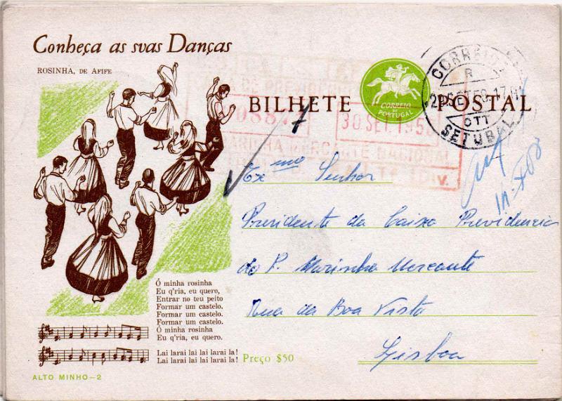 2164.jpg -     Lote:    2164      Lotes pelo Correio              Descrição:         1957/58 &mdash; Conheça as suas danças. Postilhão sem taxa. OM140. ($50) verde claro. Lote com 8 inteiros diferentes do n.º 2 ao n.º 9 (falta o n.º1 para completar a série).        IC       Valor Base:     &euro; 12,00     Valor Venda:     &euro;      