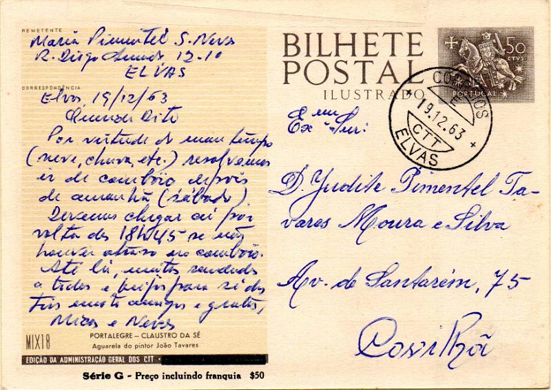 2166.jpg -     Lote:    2166      Lotes pelo Correio              Descrição:         1958 &mdash; Série G * PORTALEGRE. Selo tipo Cavaleiro Medieval. OM142, $50 preto e castanho, MIX18 &mdash; Claustro da Sé. Circulado de Elvas (19.12.63) para a Covilhã.        IC       Valor Base:     &euro; 12,00     Valor Venda:     &euro;      