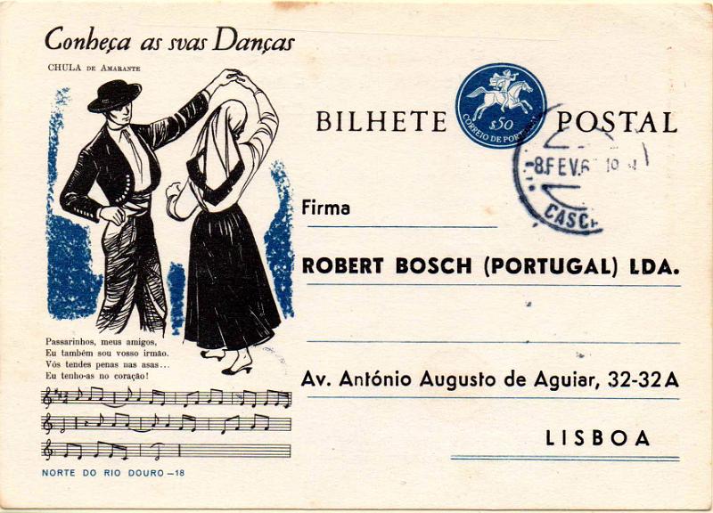 2169.jpg -     Lote:    2169      Lotes pelo Correio              Descrição:         1963 &mdash; Conheça as suas danças. Postilhão com taxa. OM155, $50 azul, n.º 18 &mdash; Norte do Rio Douro. Circulado de Cascais (08.02.65) para Lisboa. Repicado por ROBERT BOSCH (PORTUGAL) LDA.        IC       Valor Base:     &euro; 8,00     Valor Venda:     &euro;      