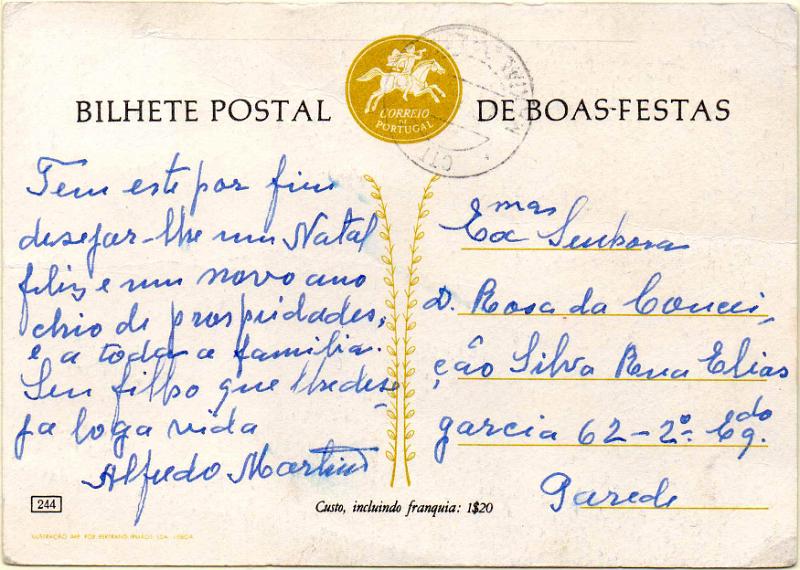 2172.jpg -     Lote:    2172      Lotes pelo Correio              Descrição:         1963 &mdash; Boas Festas. Postilhão dos CTT, sem taxa. OM156, ($50) amarelo-castanho, n.º 244 &mdash; Pátria. Circulado para a Parede.        IC       Valor Base:     &euro; 5,00     Valor Venda:     &euro;      