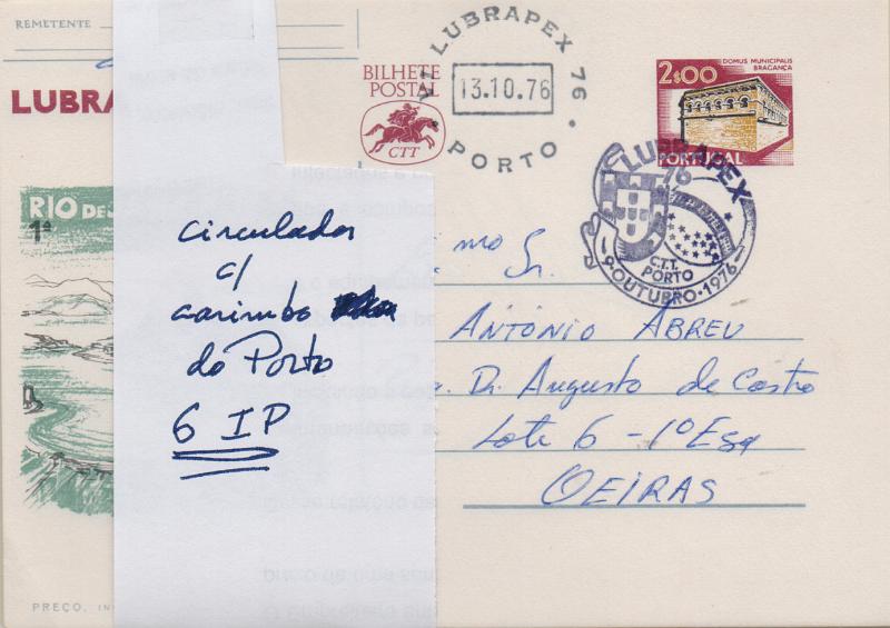 2173.jpg -     Lote:    2173      Lotes pelo Correio              Descrição:         1976 &mdash; Lubrapex'76. Selo tipo Paisagens e Monumentos. OM168, 2$00 vermelho e castanho. Série completa com seis inteiros, todos circulados do Porto (13.10.76) para Oeiras, com carimbo comemorativo do evento.        IN       Valor Base:     &euro; 10,00     Valor Venda:     &euro;      