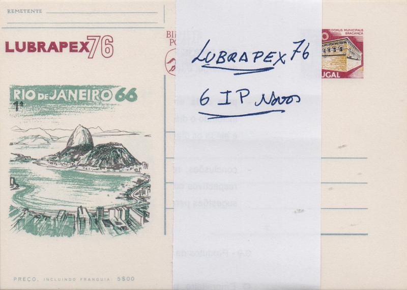 2174.jpg -     Lote:    2174      Lotes pelo Correio              Descrição:         1976 &mdash; Lubrapex'76. Selo tipo Paisagens e Monumentos. OM168, 2$00 vermelho e castanho. Série completa com seis inteiros, muito bem conservados.        IN       Valor Base:     &euro; 5,00     Valor Venda:     &euro;      