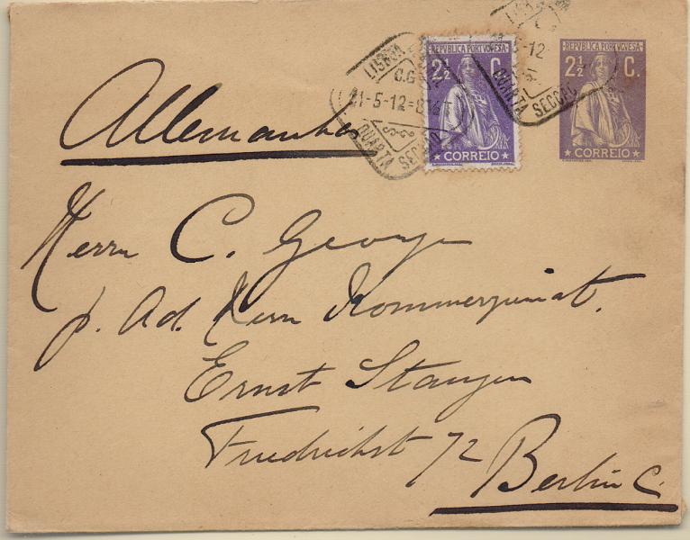 2183.jpg -     Lote:    2183      Lotes pelo Correio              Descrição:         1912 &mdash; Ceres. Sobrescritos. OM11, 2 &frac12; c, circulado com selo adicional Ceres de 2 &frac12; c CE211, de Lisboa (21.05.12) para Berlim.        IC       Valor Base:     &euro; 15,00     Valor Venda:     &euro;      