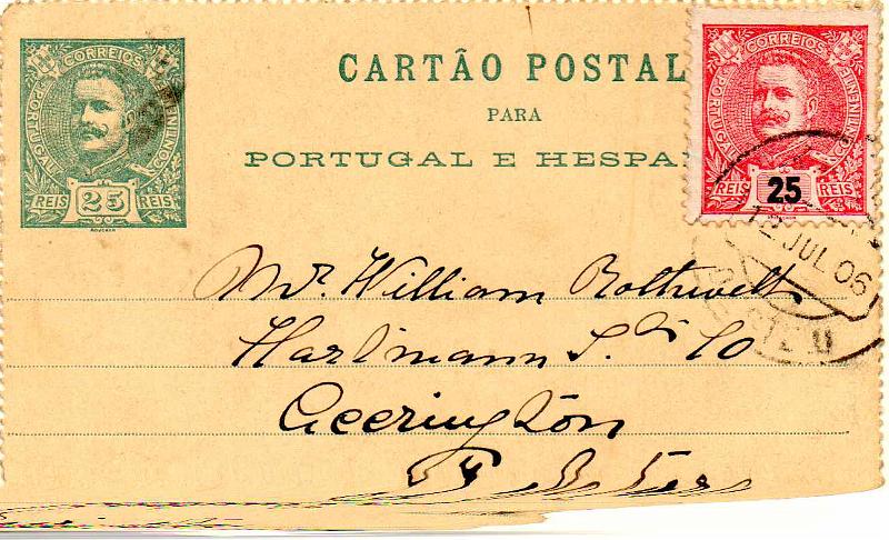 2184.jpg -     Lote:    2184      Lotes pelo Correio              Descrição:         1895 &mdash; D. Carlos I Mouchon. Bilhetes-cartas. OM3, 25 reis verde sobre cartolina amarela. Circulado pela Ambulância Oeste II (13.07.06) para Inglaterra com selo adicional de 25 reis tipo D. Carlos I Mouchon CE141.        IC       Valor Base:     &euro; 10,00     Valor Venda:     &euro;      