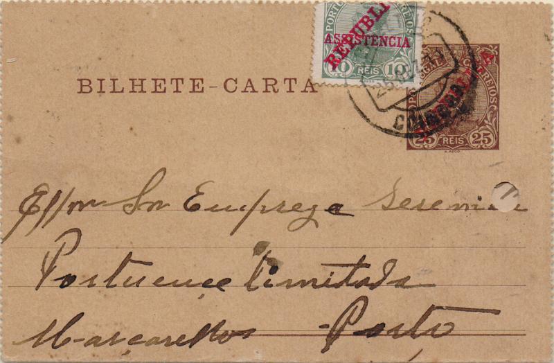 2185.jpg -     Lote:    2185      Lotes pelo Correio              Descrição:         1910 &mdash; D. Manuel II, com sobrecarga REPUBLICA. OM14, 25 reis. Circulado de Coimbra (25.12.11) para o Porto, com selo adicional do imposto postal "ASSISTÊNCIA", tipo D. Manuel II, com sobrecargas REPUBLICA e ASSISTÊNCIA, CE IP1. Furos de arquivo. Selo cortado.        IC       Valor Base:     &euro; 10,00     Valor Venda:     &euro;      
