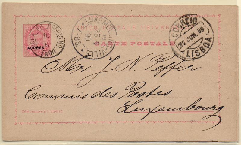 2192.jpg -     Lote:    2192      Lotes pelo Correio              Descrição:         1884/87 &mdash; D. Luís I, de frente. Inteiros do Continente com sobrecarga AÇORES pequena. OM15, 20 reis rosa. Circulado de Angra do Heroísmo (16.06.90) para o Luxemburgo (25.06.90) com trânsito por lisboa. Raro destino.        IC       Valor Base:     &euro; 30,00     Valor Venda:     &euro;      