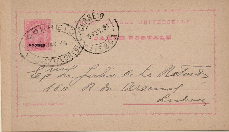 2193.jpg -     Lote:    2193      Lotes pelo Correio              Descrição:         1884/87 &mdash; D. Luís I, de frente. OM15, 20 reis rosa. Circulado de Santa Cruz (25.01.94) para Lisboa (05.02.94). Carimbo de dupla oval a preto "CORREIO / ST.ª CRUZ (FLORES).        IC       Valor Base:     &euro; 12,00     Valor Venda:     &euro;      