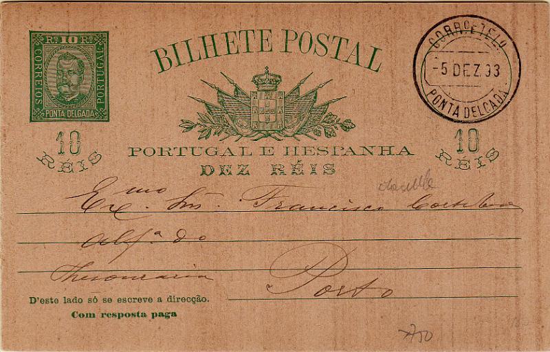 2194.jpg -     Lote:    2194      Lotes pelo Correio              Descrição:         1892/95 &mdash; D. Carlos I tipo Diogo Neto. OM4, 10+10 reis verde. As duas folhas circuladas de Ponta Delgada (05.12.03) para o Porto.        IC       Valor Base:     &euro; 8,00     Valor Venda:     &euro;      