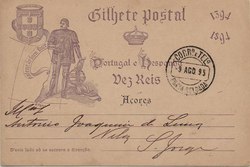 2195.jpg -     Lote:    2195      Lotes pelo Correio              Descrição:         1894 &mdash; V Centenário do Nascimento do Infante D. Henrique. OM18, 10 reis. Circulado de Ponta Delgada (09.08.95) para S. Jorge.        IC       Valor Base:     &euro; 8,00     Valor Venda:     &euro;      