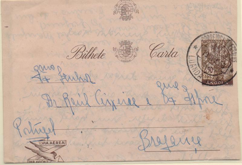 2199.jpg -     Lote:    2199      Lotes pelo Correio              Descrição:         1950 &mdash; Ano Santo. Aerogramas. OM2, 2,50 Ags. Circulado de Luanda / Brito Godins (19.12.50) para Bragança (23.12.50).        IC       Valor Base:     &euro; 8,00     Valor Venda:     &euro;      