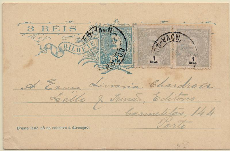 2204.jpg -     Lote:    2204      Lotes pelo Correio              Descrição:         1903 &mdash; D. Carlos I Mouchon. OM11, 3 reis azul. Circulado com dois selos adicionais tipo D. Carlos I Mouchon de 1 real CE185 de Nova Goa (29.10.08) para o Porto.         IC       Valor Base:     &euro; 10,00     Valor Venda:     &euro;      