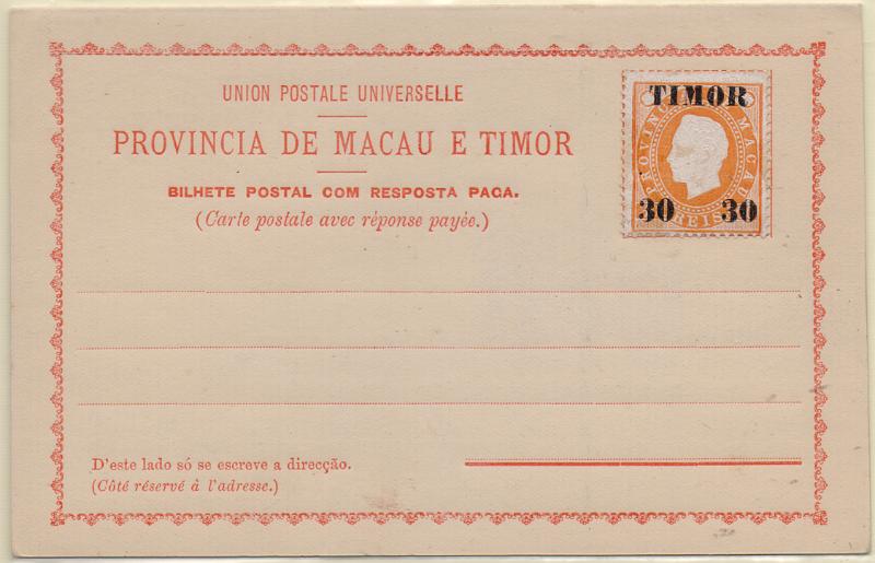 2212.jpg -     Lote:    2212      Lotes pelo Correio              Descrição:         1892 &mdash; Bilhetes-postais de resposta paga semelhantes ao de Macau, sem selo impresso, com selo colado tipo D. Luís I, com sobretaxa. OM II, 30+30/300 + 300 reis laranja. Novo.        IN       Valor Base:     &euro; 12,00     Valor Venda:     &euro;      
