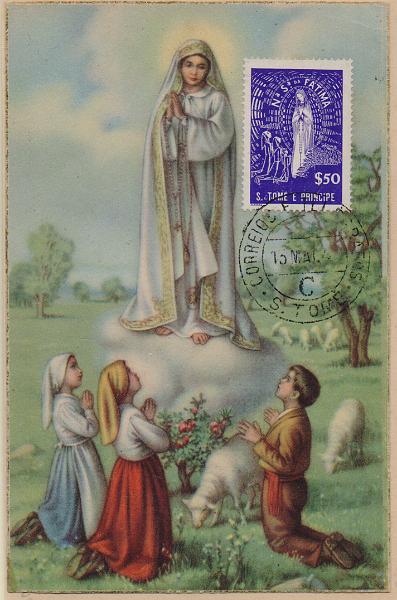 2231.jpg -     Lote:    2231      Lotes pelo Correio              Descrição:         Nossa Senhora de Fátima. Lote de dois postais máximos, com postais ilustrados concordantes com selos CE305 de Angola e CE347 de S. Tomé, obliterados respetivamente com carimbos de Sá da Bandeira (28.12.48) e S. Tomé (15.05.48).        PM       Valor Base:     &euro; 10,00     Valor Venda:     &euro;      