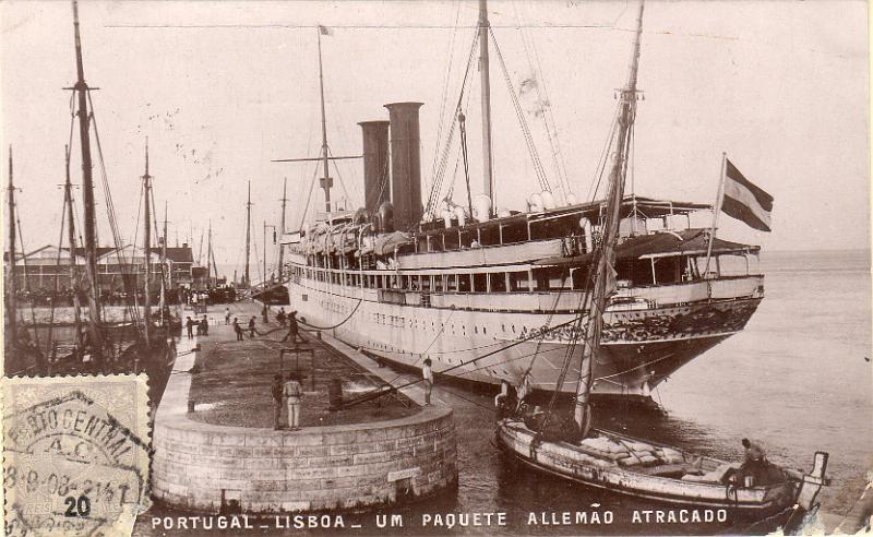 2251.jpg -     Lote:    2251      Lotes pelo Correio              Descrição:         Lisboa &mdash; Um paquete alemão atracado. Circulado com selo de 20 reis Mouchon.        PI       Valor Base:     &euro; 7,00     Valor Venda:     &euro;      