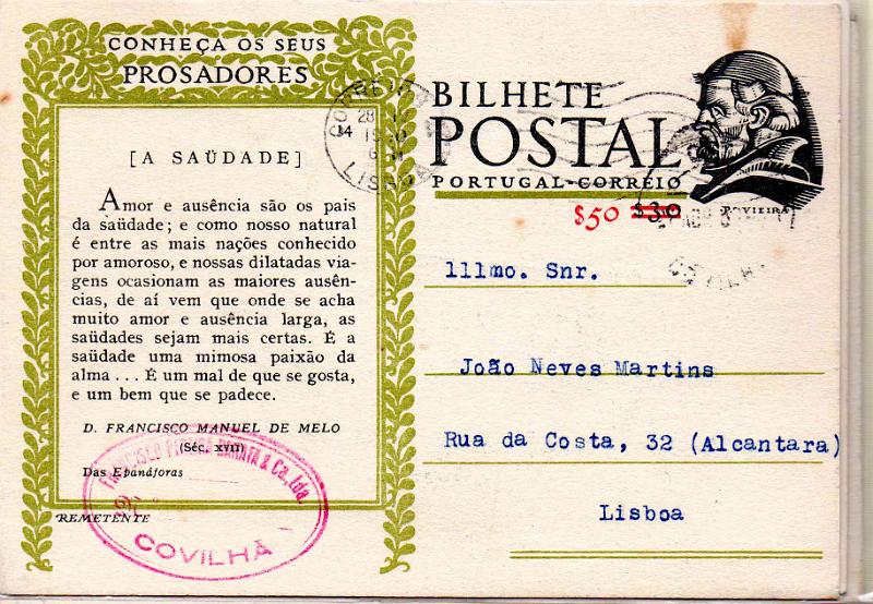 2278.jpg -     Lote:    2278      Lotes pelo Correio              Descrição:         Publicitários. Lote com 14 inteiros postais e postais ilustrados comerciais (dois com instalações fabris), todos circulados e com furos de arquivo. Lote a ver.        PI       Valor Base:     &euro; 5,00     Valor Venda:     &euro;      