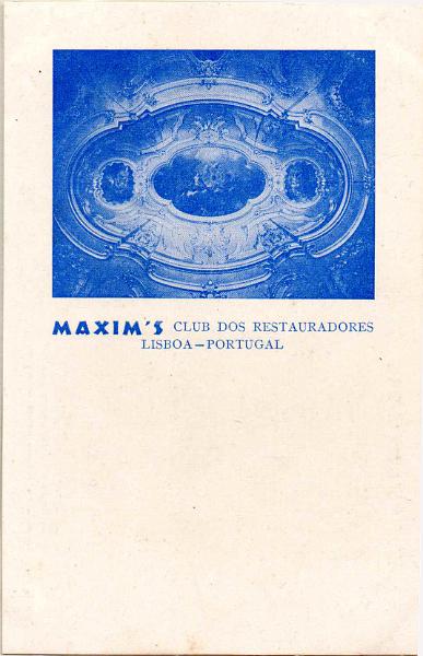 2302.jpg -     Lote:    2302      Lotes pelo Correio              Descrição:         Maxim's &mdash; Club dos Restauradores. Lote de três postais ilustrados diferentes.        PI       Valor Base:     &euro; 30,00     Valor Venda:     &euro;      