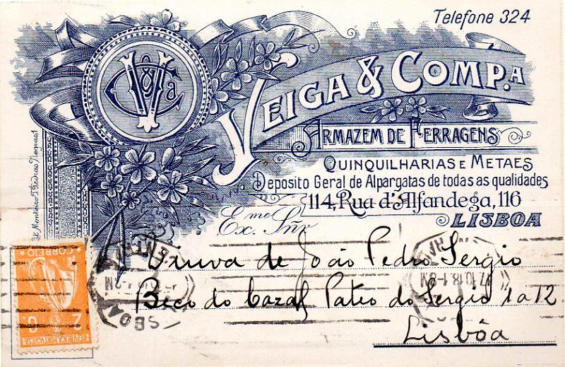 2308.jpg -     Lote:    2308      Lotes pelo Correio              Descrição:         Publicitários. Lisboa &mdash; Comercial, Veigas & Companhia.        PI       Valor Base:     &euro; 9,00     Valor Venda:     &euro;      