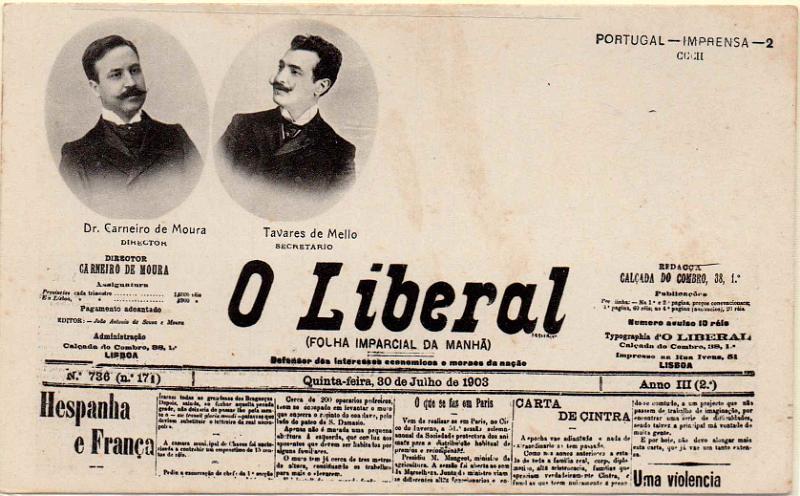 2309.jpg -     Lote:    2309      Lotes pelo Correio              Descrição:         Publicitários. Lisboa &mdash; Jornal "O Liberal" (Imprensa nº 2).        PI       Valor Base:     &euro; 15,00     Valor Venda:     &euro;      