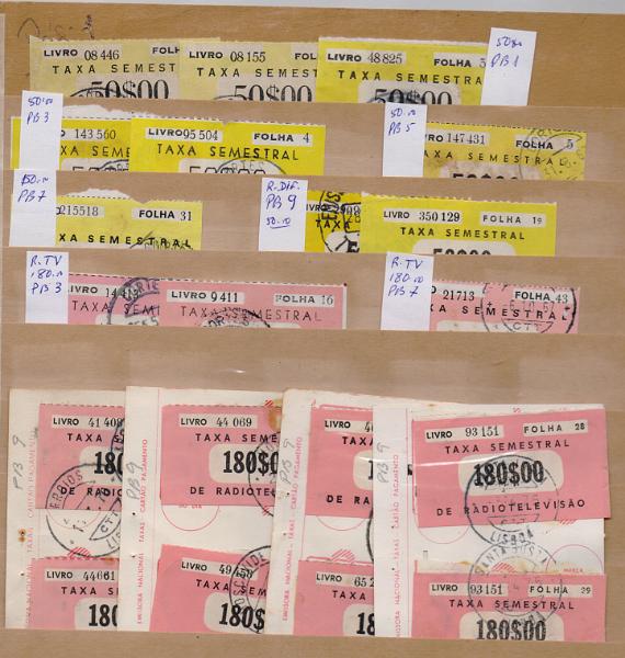 2336.jpg -     Lote:    2336      Lotes pelo Correio              Descrição:         Fiscais. Portugal. Radiodifusão e Radiotelevisão &mdash; Lote com 21 vinhetas para pagamento de taxas, com os valores de 50$00, PB 1 (3), PB3 (2), PB5, PB 7, PB 9 (2); 180$00, PB3 (2), PB 7 e PB 9 (8 &mdash; em folha de caderneta, com carimbos diferentes); 240$00, PB14.        Lote       Valor Base:     &euro; 6,00     Valor Venda:     &euro;      