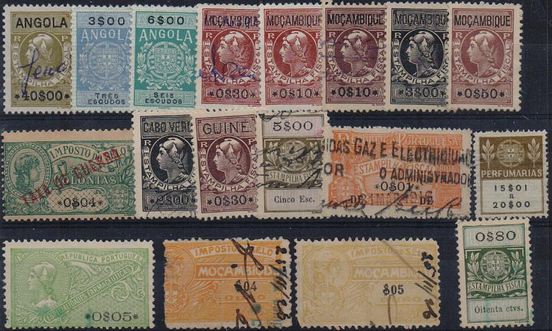 2343.jpg -     Lote:    2343      Lotes pelo Correio              Descrição:         Fiscais. Portugal e Colónias. Lote com 18 estampilhas fiscais diferentes.        Lote       Valor Base:     &euro; 5,00     Valor Venda:     &euro;      