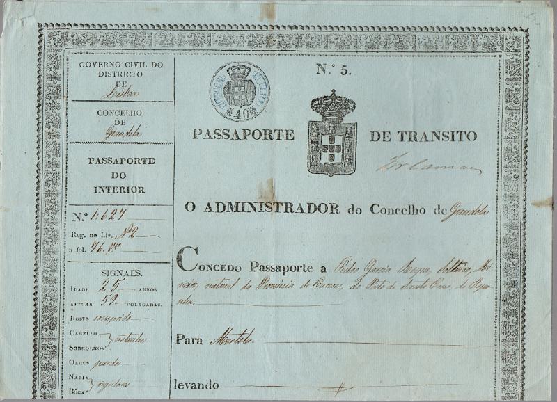 2346.jpg -     Lote:    2346      Lotes pelo Correio              Descrição:         Portugal. Passaporte de trânsito emitido em 16.09.1859 em nome de Pedro Garcia Roque, com estampilha do IS de 40 reis.        DOC       Valor Base:     &euro; 5,00     Valor Venda:     &euro;      
