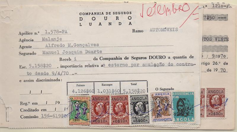 2347.jpg -     Lote:    2347      Lotes pelo Correio              Descrição:         Fiscais. Angola. Lote de 7 recibos da Companhia de Seguros Douro dos anos 70, com diversas estampilhas do IS, Assistência e Povoamento. Lote a ver.        DOC       Valor Base:     &euro; 5,00     Valor Venda:     &euro;      
