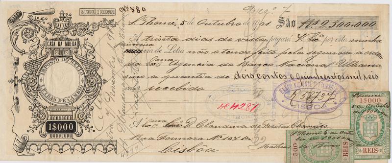 2359.jpg -     Lote:    2359      Lotes pelo Correio              Descrição:         Fiscais. Portugal. Letra de 1882. D. Luís I, 500 reis com estampilha do IS de 1,000 reis.        DOC       Valor Base:     &euro; 20,00     Valor Venda:     &euro;      