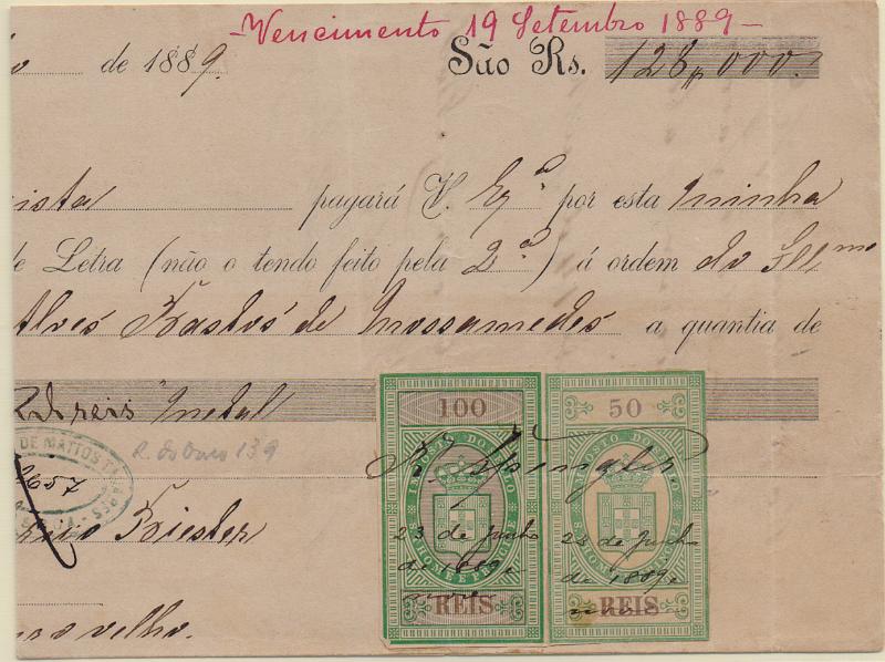 2360.jpg -     Lote:    2360      Lotes pelo Correio              Descrição:         Fiscais. S. Tomé e Príncipe. Roça Monte Café. Letra de 128$000, datada de 23.06.1889, com estampilhas do IS de 100 e 50 reis "Armas do Reino". MB.        DOC       Valor Base:     &euro; 20,00     Valor Venda:     &euro;      
