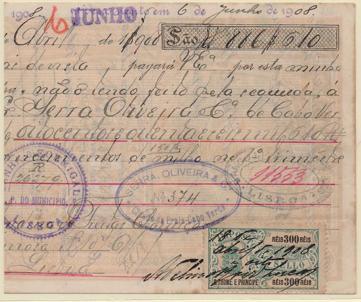 2361.jpg -     Lote:    2361      Lotes pelo Correio              Descrição:         Fiscais. S. Tomé e Príncipe. Letra de 600 reis no valor de 2.128$000, datada de 18.04.1908, com estampilhas do IS de 300 reis "Armas do Reino". MB.        DOC       Valor Base:     &euro; 20,00     Valor Venda:     &euro;      