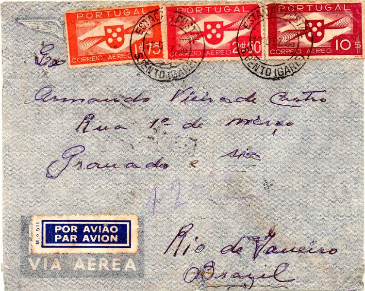 2367.jpg -     Lote:    2367      Lotes pelo Correio              Descrição:         1936/41 &mdash; Correio Aéreo. Tipo Hélice. Sobrescrito circulado por via aérea do Porto (12.12.36) para o Rio de Janeiro com selos de 1$75, 2$50 e 10$00 CE CA2, 3 e 7.        Aéreo       Valor Base:     &euro; 8,00     Valor Venda:     &euro;      