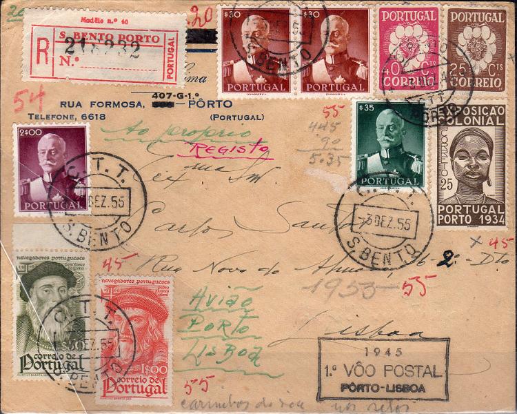 2368.jpg -     Lote:    2368      Lotes pelo Correio              Descrição:         1945 - 1.º Voo postal Porto &mdash; Lisboa. Sobrescrito circulado registado de S. Bento / Porto (03.12.45) para Lisboa (03.12.45), com o porte de 5$35.         Aéreo       Valor Base:     &euro; 10,00     Valor Venda:     &euro;      