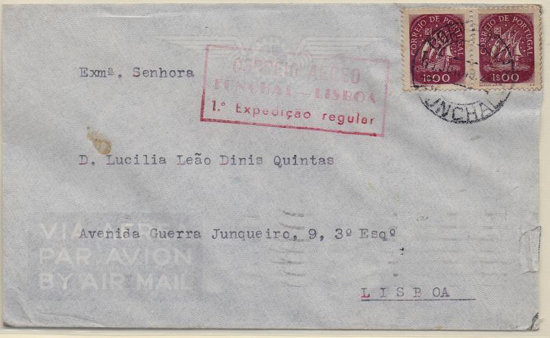 2369.jpg -     Lote:    2369      Lotes pelo Correio              Descrição:         1949 (13.06) &mdash; Correio aéreo Funchal &mdash; Lisboa. Sobrescrito circulado do Funchal (14.06.49) para Lisboa com dois selos tipo Caravela CE623. Carimbo batido a vermelho "CORREIO AÉREO / FUNCHAL-LISBOA / 1.ª EXPEDIÇÃO REGULAR".        Aéreo       Valor Base:     &euro; 6,00     Valor Venda:     &euro;      