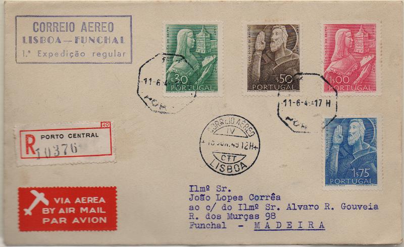 2370.jpg -     Lote:    2370      Lotes pelo Correio              Descrição:         1949 &mdash; 1.ª Expedição de Correio Aéreo Lisboa-Funchal. Sobrescrito circulado registado do Porto (11.06.49) para o Funchal (13.06.49), com trânsito por Lisboa (12.06.49), franquiado com a série do Centenário de S. João de Brito CE 691/694. Carimbo comemorativo batido a violeta.        ?       Valor Base:     &euro; 12,00     Valor Venda:     &euro;      
