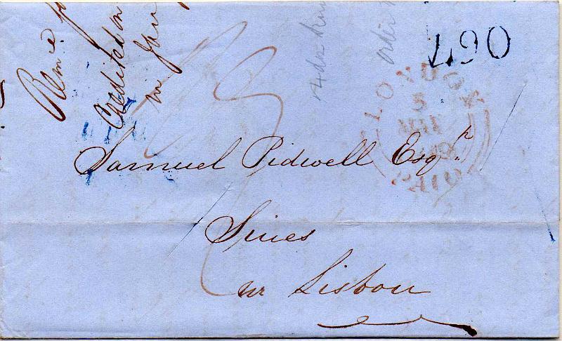 2374.jpg -     Lote:    2374      Lotes pelo Correio              Descrição:         Correio marítimo. Carta remetida de Londres (05.05.49) para Lisboa com o porte marítimo de 490 reis + porte inglês de 1/9.        Carta       Valor Base:     &euro; 10,00     Valor Venda:     &euro;      