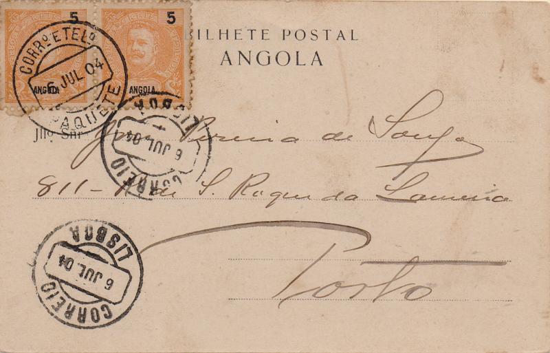 2376.jpg -     Lote:    2376      Lotes pelo Correio              Descrição:         Correio marítimo. Marcas de denominação de origem. 1898 &mdash; D. Carlos I Mouchon. Par de selos de 5 reis CE39, lançado a bordo de paquete com destino ao Porto. Obliterado à chegada a Lisboa com carimbo batido a preto "PAQUETE / 6 JUL 04".        PI       Valor Base:     &euro; 8,00     Valor Venda:     &euro;      