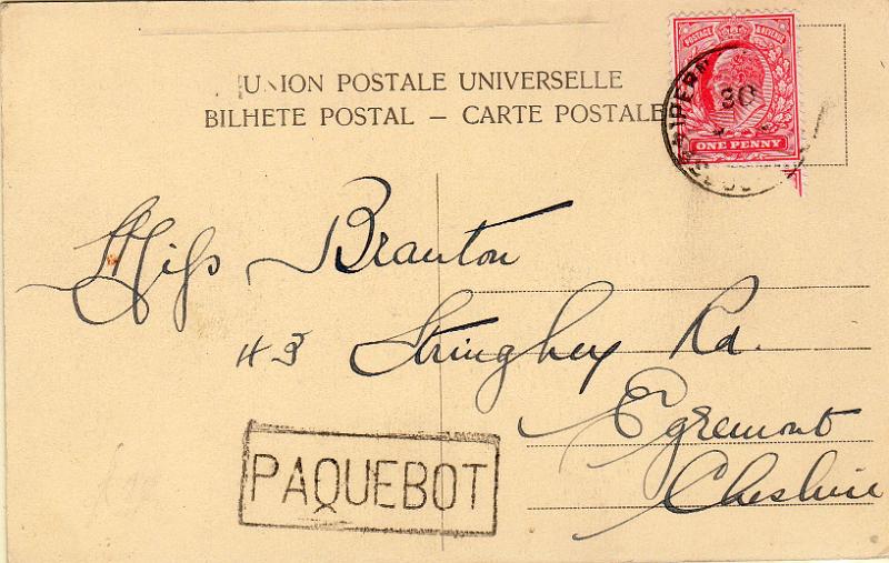 2378.jpg -     Lote:    2378      Lotes pelo Correio              Descrição:         Correio marítimo. Marcas de denominação de origem. Postal ilustrado lançado em caixa de correio a bordo de paquete com selo inglês de 1p. Carimbo batido a preto "PAQUEBOT".        IC       Valor Base:     &euro; 10,00     Valor Venda:     &euro;      