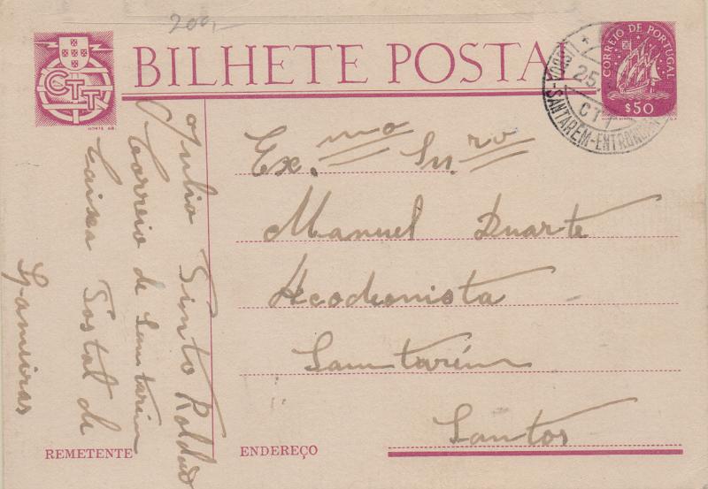 2381.jpg -     Lote:    2381      Lotes pelo Correio              Descrição:         Correio ferroviário. Inteiro postal tipo Caravela de $50, circulado de Lameiras (25.09.55) para Santarém. Carimbo batido a preto "AMBULÂNCIA / LISBOA- SANTARÉM &mdash; ENTRONCAMENTO.        IC       Valor Base:     &euro; 8,00     Valor Venda:     &euro;      