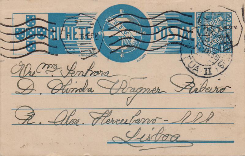 2390.jpg -     Lote:    2390      Lotes pelo Correio              Descrição:         Correio ferroviário. 1935 &mdash; Tudo pela Nação. OM81, $25. Circulado pela Ambulância Tua II (09.05.36) para Lisboa. Carimbo a preto "AMBULÂNCIAS / TUA II".        IC       Valor Base:     &euro; 10,00     Valor Venda:     &euro;      