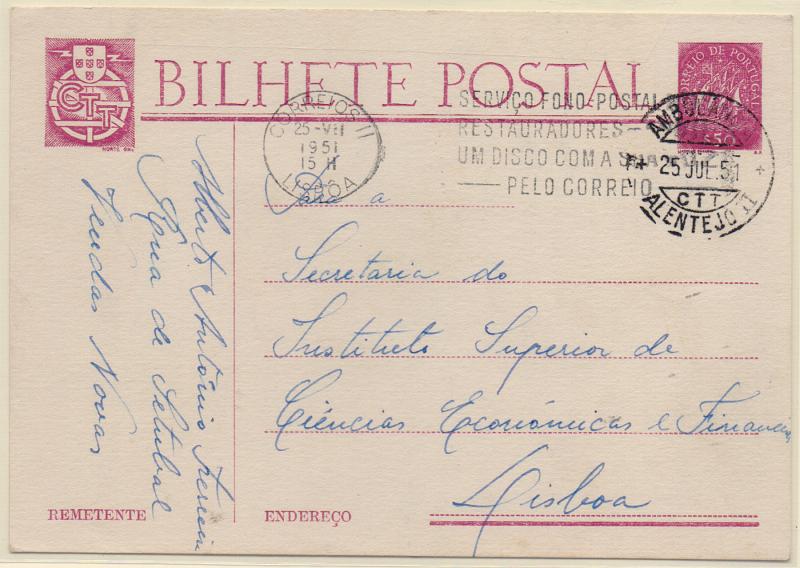 2396.jpg -     Lote:    2396      Lotes pelo Correio              Descrição:         Correio ferroviário Inteiro tipo Caravela OM116 circulado de Vendas Novas (25.07.51) para Lisboa. Carimbo batido a preto "AMBULÂNCIA / ALENTEJO II".        IC       Valor Base:     &euro; 6,00     Valor Venda:     &euro;      