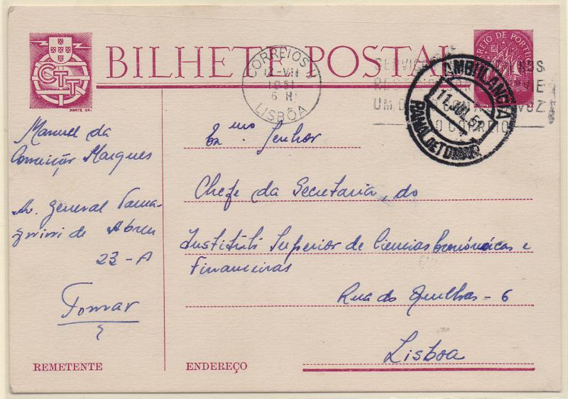 2397.jpg -     Lote:    2397      Lotes pelo Correio              Descrição:         Correio ferroviário Inteiro tipo Caravela OM116 circulado de Tomar (11.07.51) para Lisboa. Carimbo batido a preto "AMBULÂNCIA / RAMAL DE TOMAR".        IC       Valor Base:     &euro; 6,00     Valor Venda:     &euro;      