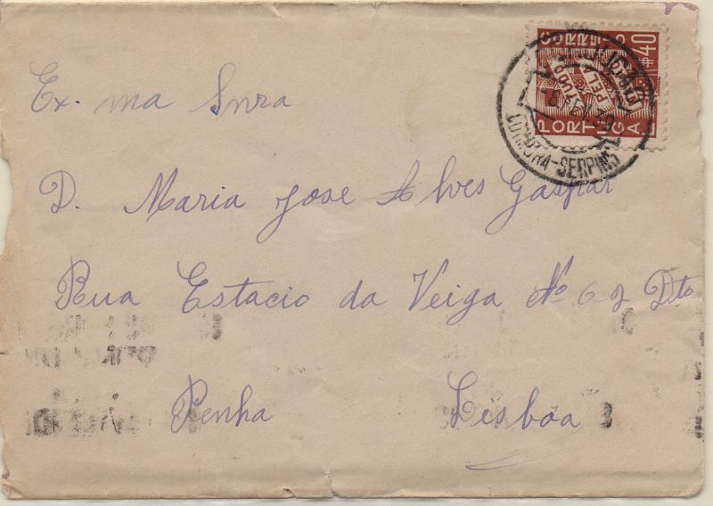 2400.jpg -     Lote:    2400      Lotes pelo Correio              Descrição:         Correio ferroviário. Sobrescrito circulado com selo CE571 "TPN" de Coimbra (09.02.39) para Lisboa. Carimbo a preto "AMBULÂNCIA / COIMBRA-SERPINS".        Carta       Valor Base:     &euro; 12,00     Valor Venda:     &euro;      