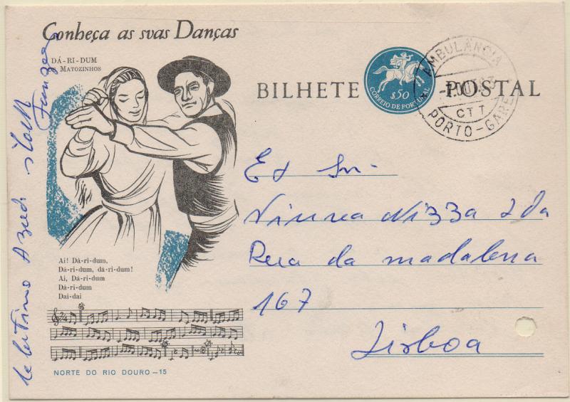 2401.jpg -     Lote:    2401      Lotes pelo Correio              Descrição:         Correio ferroviário. Inteiro série "Conheça as suas Danças n.º 15, circulado do Porto (07.10.63) para Lisboa. Carimbo a preto "AMBULÂNCIA / PORTO &mdash; GARE" Furos de arquivo.        IC       Valor Base:     &euro; 6,00     Valor Venda:     &euro;      