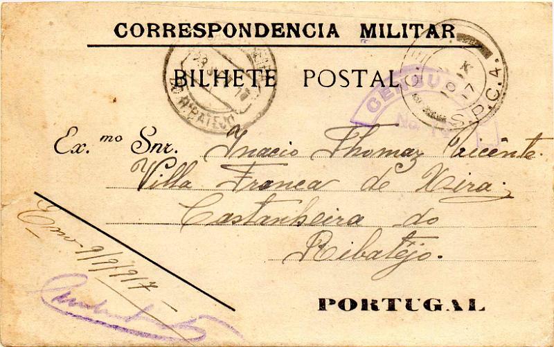 2404.jpg -     Lote:    2404      Lotes pelo Correio              Descrição:         1917 &mdash; Isentos de franquia. Forças Mobilizadas. Inteiro circulado do SPC4 (10.09.17) para Castanheira do Ribatejo.        IC       Valor Base:     &euro; 8,00     Valor Venda:     &euro;      