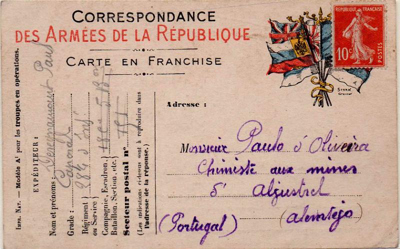 2406.jpg -     Lote:    2406      Lotes pelo Correio              Descrição:         1914/19 &mdash; 1.ª Guerra Mundial. Inteiro isento de franquia do exército francês circulado para Aljustrel.        IC       Valor Base:     &euro; 8,00     Valor Venda:     &euro;      