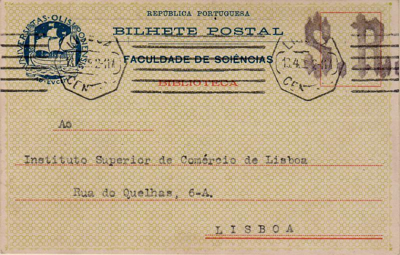 2409.jpg -     Lote:    2409      Lotes pelo Correio              Descrição:         Isentos de franquia. Faculdade de Sciências de Lisboa. Postal circulado em Lisboa (17.04.29). B.        PI       Valor Base:     &euro; 8,00     Valor Venda:     &euro;      