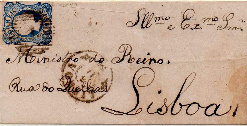 2440.jpg -     Lote:    2440      Lotes pelo Correio              Descrição:         1855/56 &mdash; D. Pedro V. Cabelos lisos. Cunho II. CE7, 25 reis azul, com margens curtas em carta circulada em Lisboa (02.11.55).        Carta       Valor Base:     &euro; 10,00     Valor Venda:     &euro;      