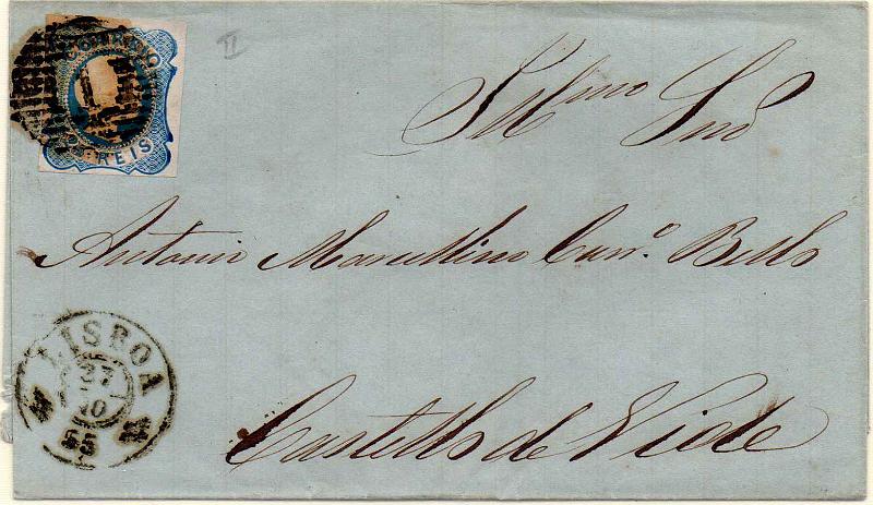 2441.jpg -     Lote:    2441      Lotes pelo Correio              Descrição:         1855/56 &mdash; D. Pedro V. Cabelos lisos. Cunho II. CE7, 25 reis azul, com margens curtas em carta circulada de Lisboa (27.10.55) para castelo de Vide.        Carta       Valor Base:     &euro; 10,00     Valor Venda:     &euro;      