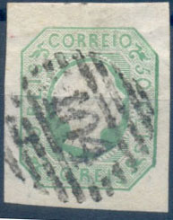 2442.jpg -     Lote:    2442      Lotes pelo Correio              Descrição:         1855/1856 - D. Pedro V. Cabelos lisos. CE8, 50 reis, verde, boas margens. Obliterado com carimbo da 1ª reforma "104" &mdash; Valença. Valor de catálogo &euro; 130,00.        O       Valor Base:     &euro; 10,00     Valor Venda:     &euro;      