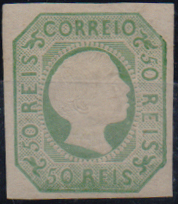 2443.jpg -     Lote:    2443      Lotes pelo Correio              Descrição:         1855/56 &mdash; D. Pedro V. Cabelos lisos. CE8, 50 reis verde amarelo. Selo regomado.        RG**       Valor Base:     &euro; 60,00     Valor Venda:     &euro;      